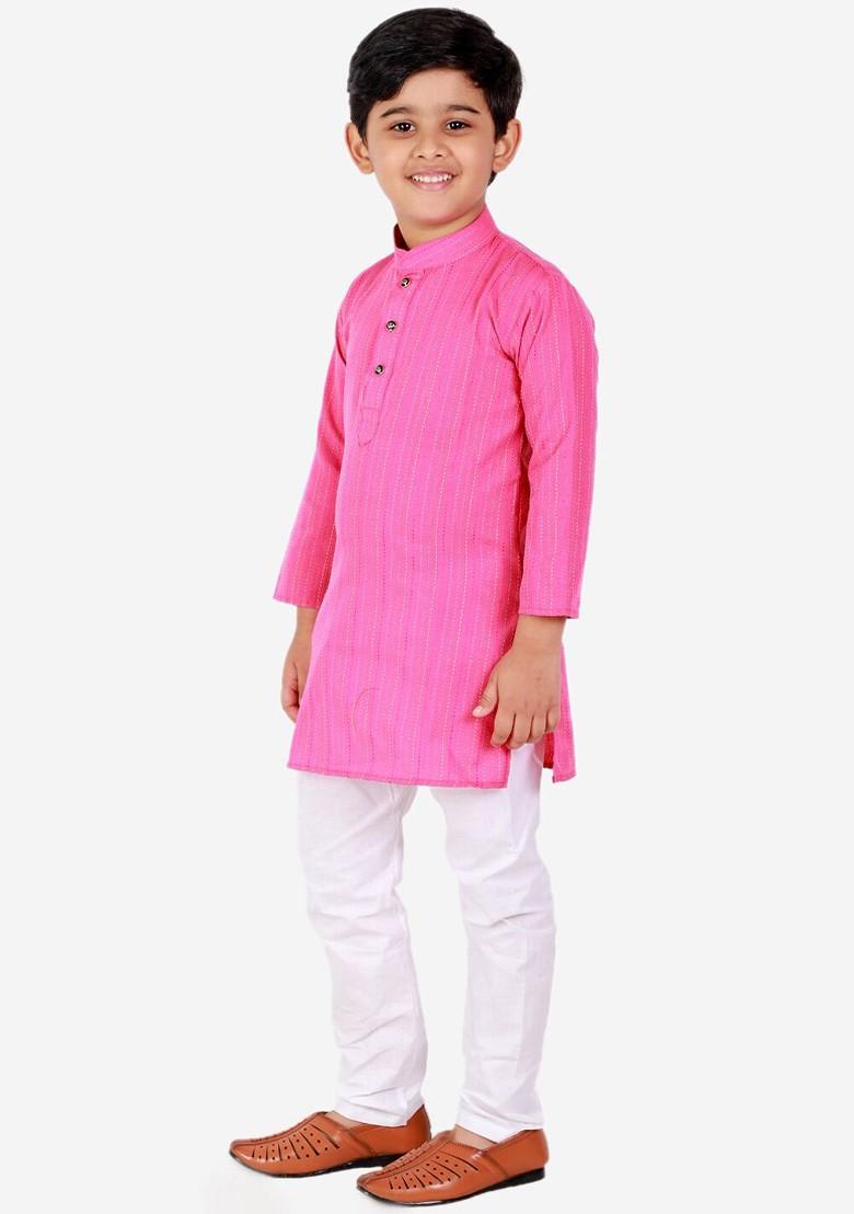 Pink Embroidered Blended Kurta Set For Boys - Indya