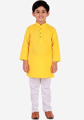 Yellow Embroidered Blended Kurta Set For Boys