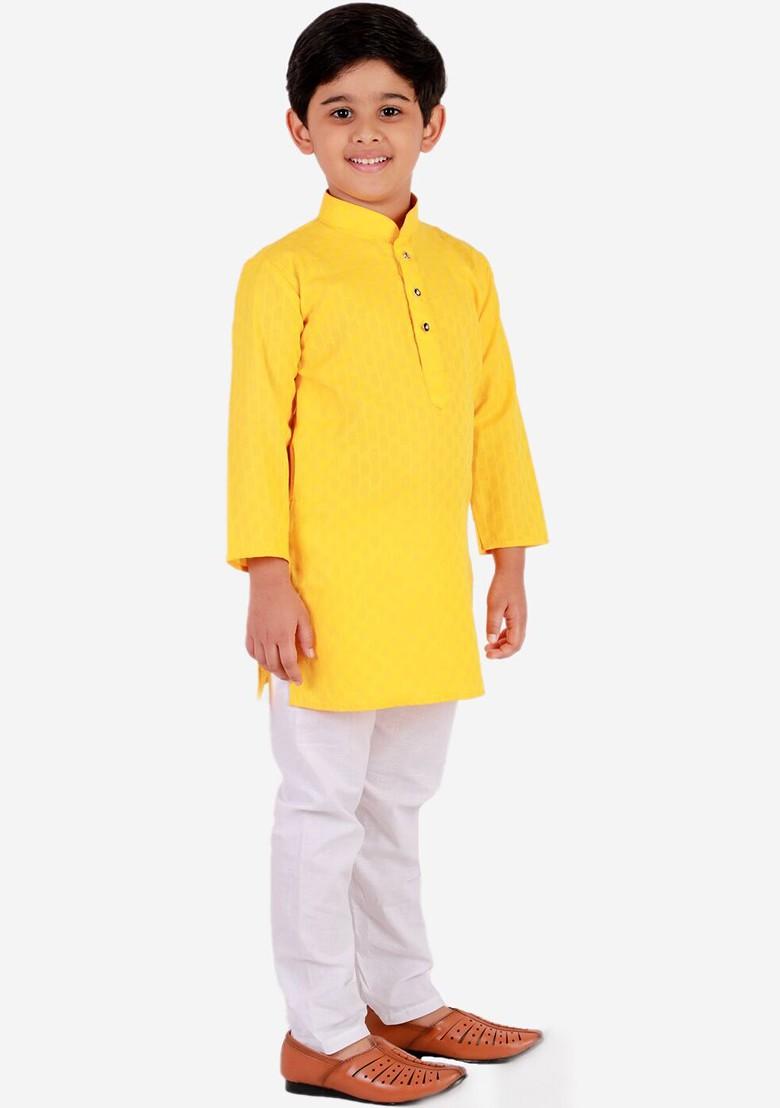 Yellow Embroidered Blended Kurta Set For Boys - Indya