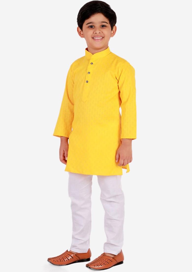 Yellow Embroidered Blended Kurta Set For Boys - Indya