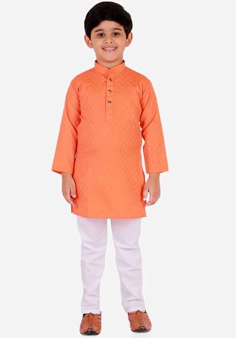 Orange Embroidered Blended Kurta Set For Boys