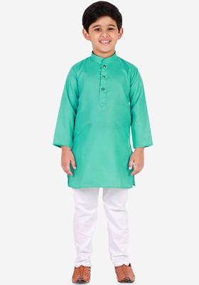 Turquoise Blue Embroidered Blended Kurta Set For Boys
