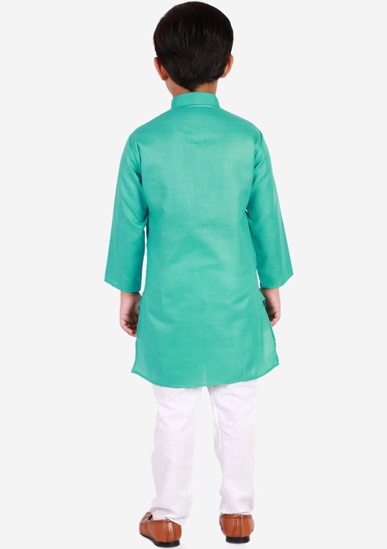 Turquoise Blue Embroidered Blended Kurta Set For Boys - Indya