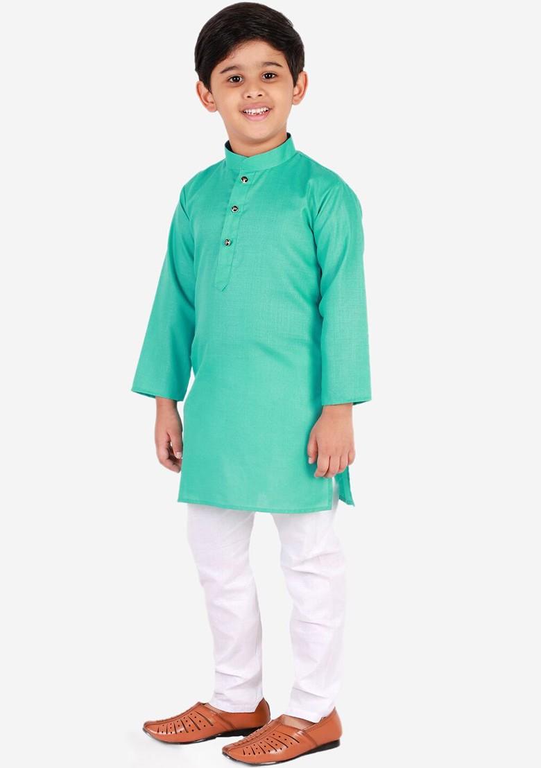 Turquoise Blue Embroidered Blended Kurta Set For Boys - Indya