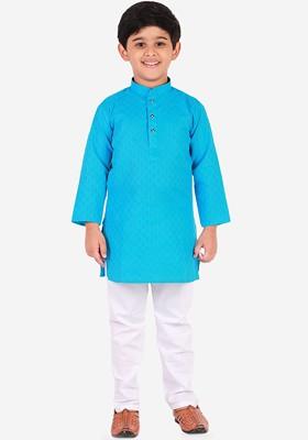 Turquoise Blue Embroidered Blended Kurta Set For Boys