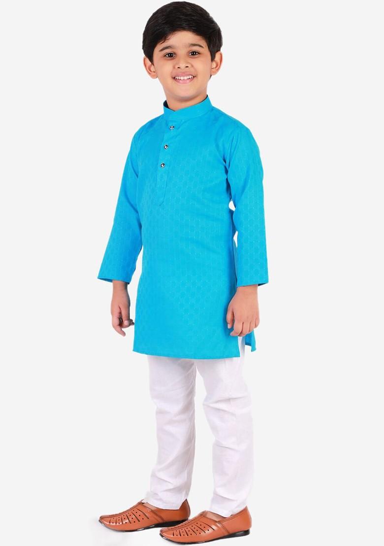 Turquoise Blue Embroidered Blended Kurta Set For Boys - Indya