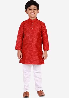 Maroon Printed Blended Kurta Set For Boys
