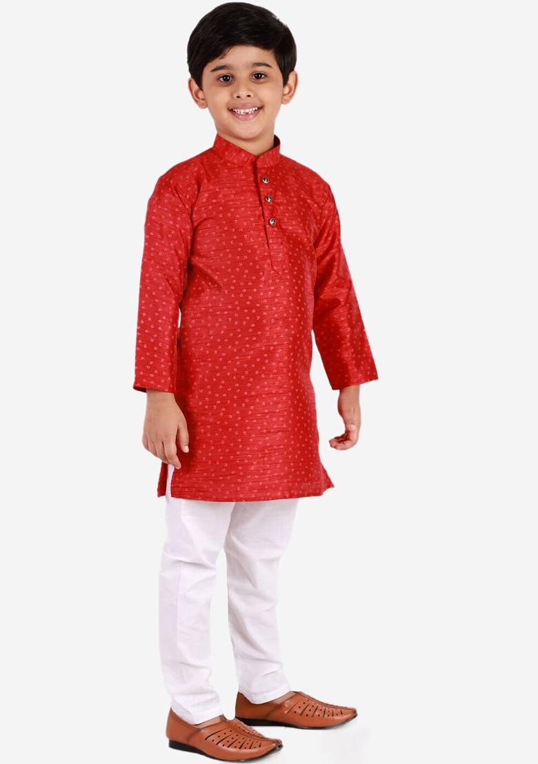 Maroon Printed Blended Kurta Set For Boys - Indya