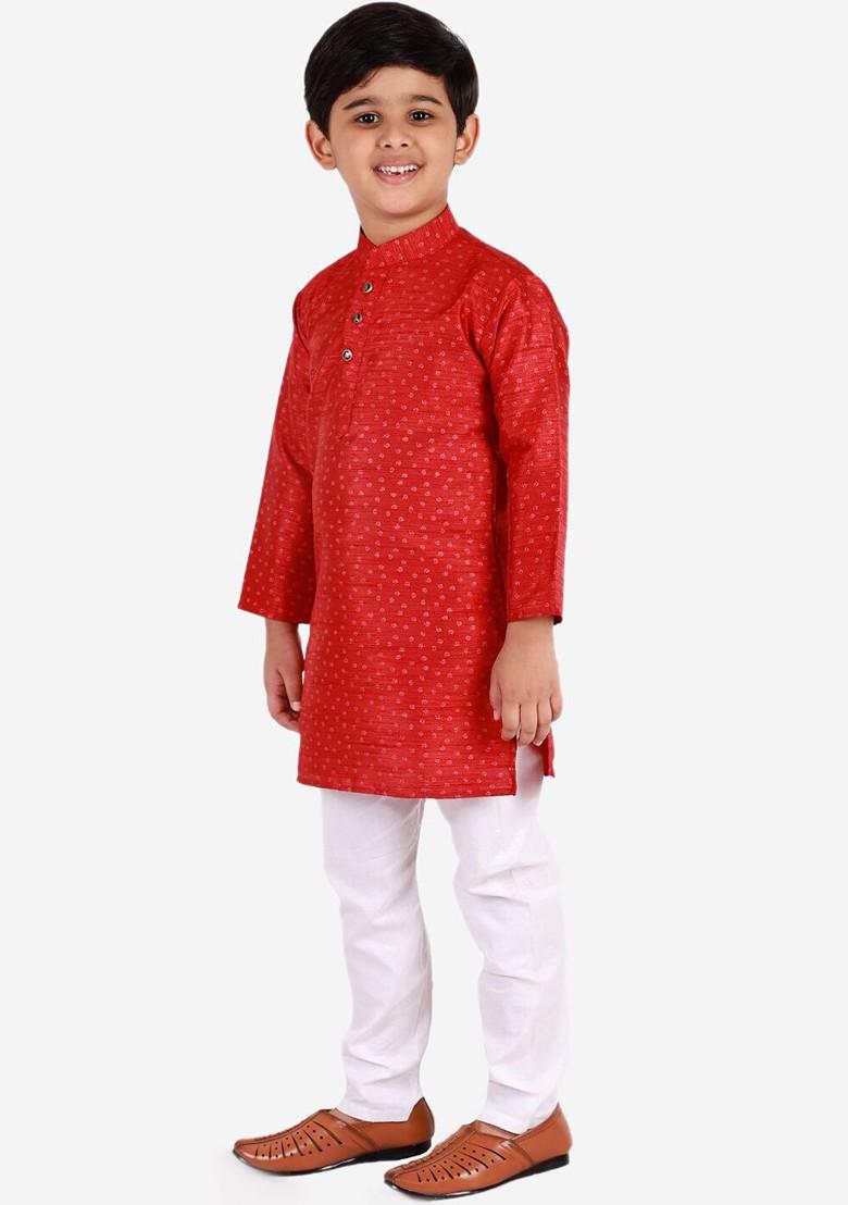 Maroon Printed Blended Kurta Set For Boys - Indya