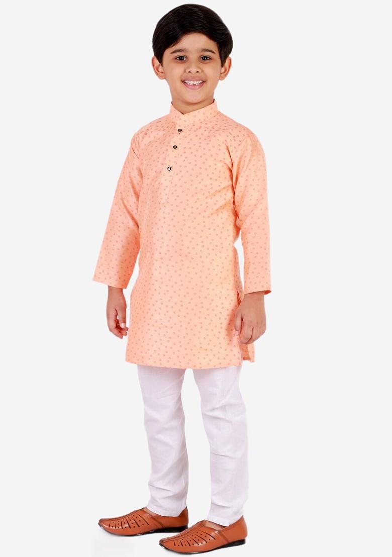 Peach Printed Blended Kurta Set For Boys - Indya