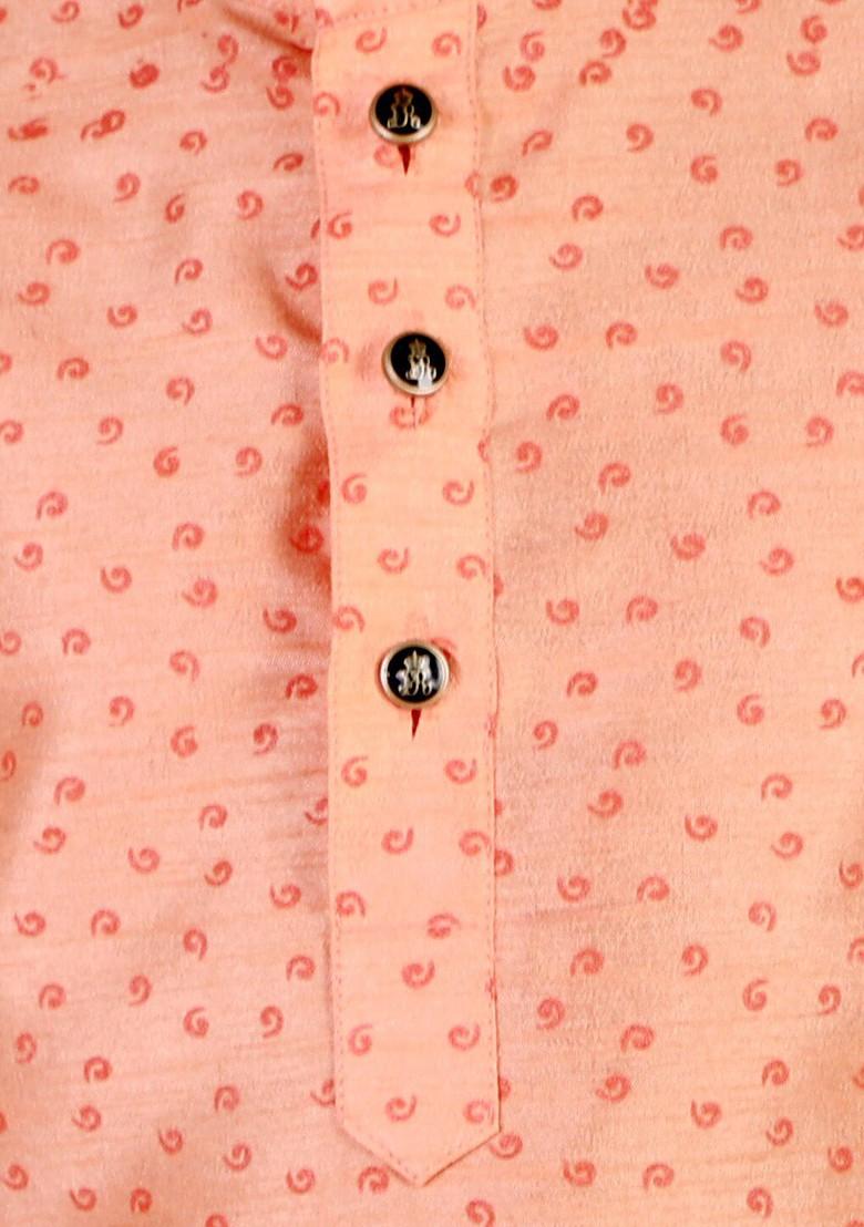 Peach Printed Blended Kurta Set For Boys - Indya
