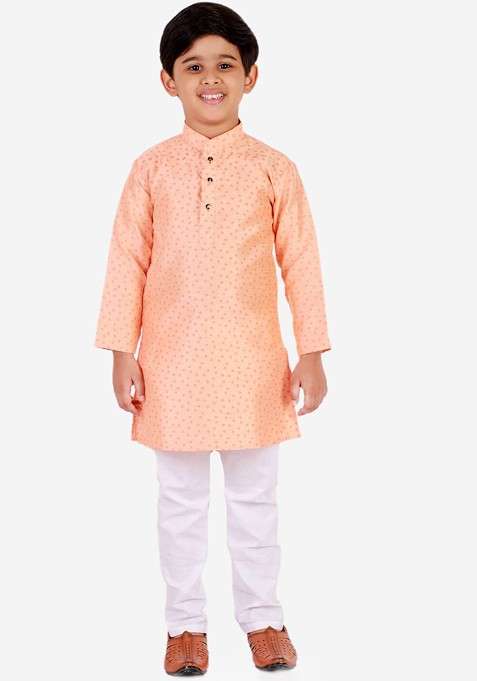 Peach Printed Blended Kurta Set For Boys