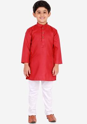 Maroon Embroidered Blended Kurta Set For Boys
