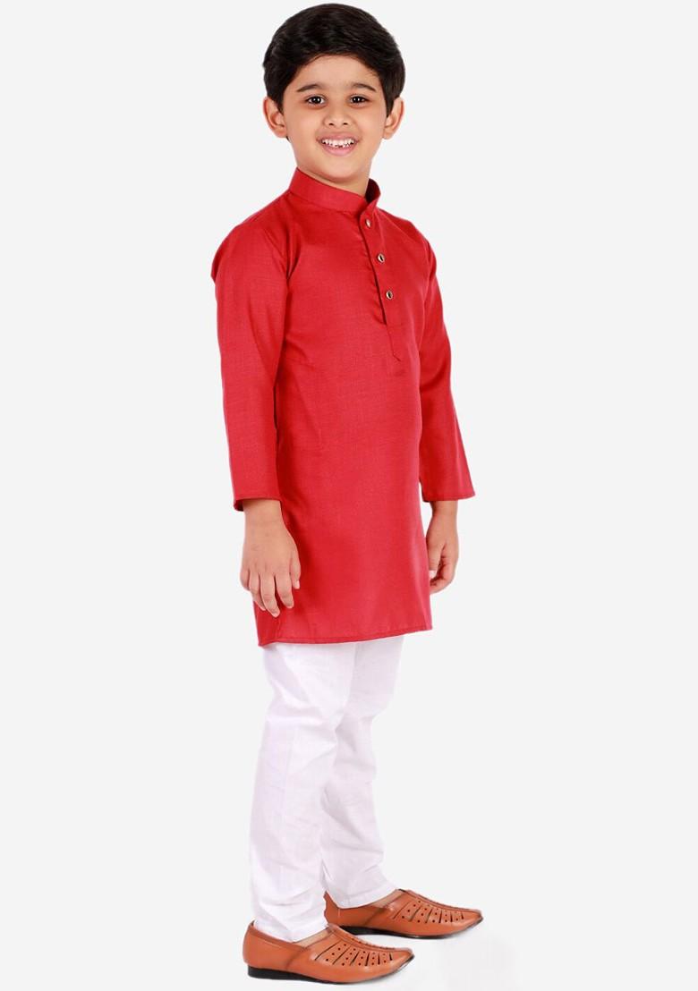 Maroon Embroidered Blended Kurta Set For Boys - Indya