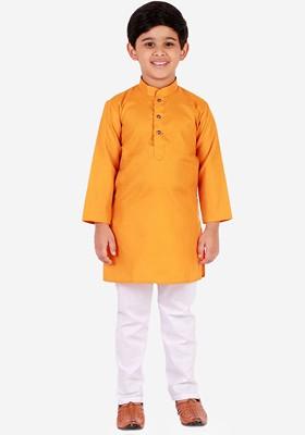 Mustard Embroidered Blended Kurta Set For Boys