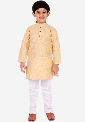 Gold Printed Blended Kurta Set For Boys