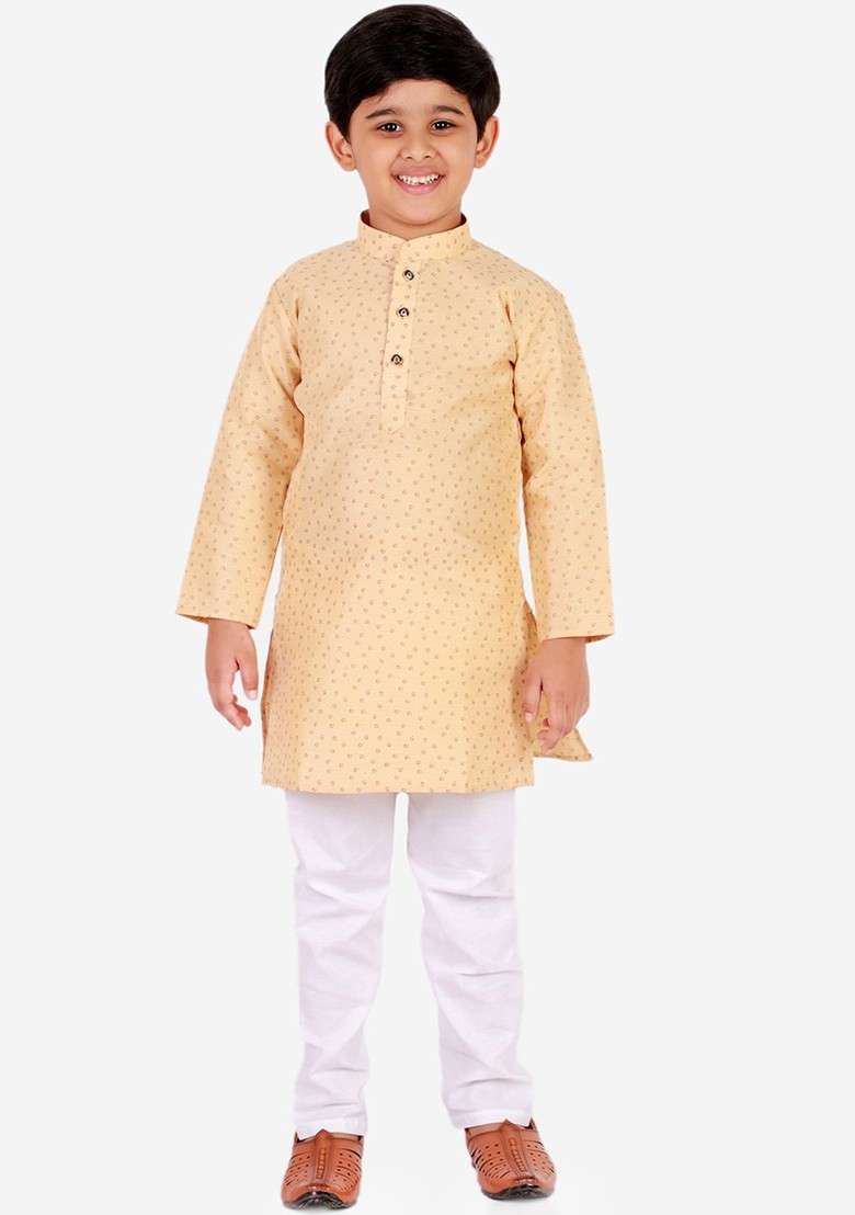 Gold Printed Blended Kurta Set For Boys - Indya