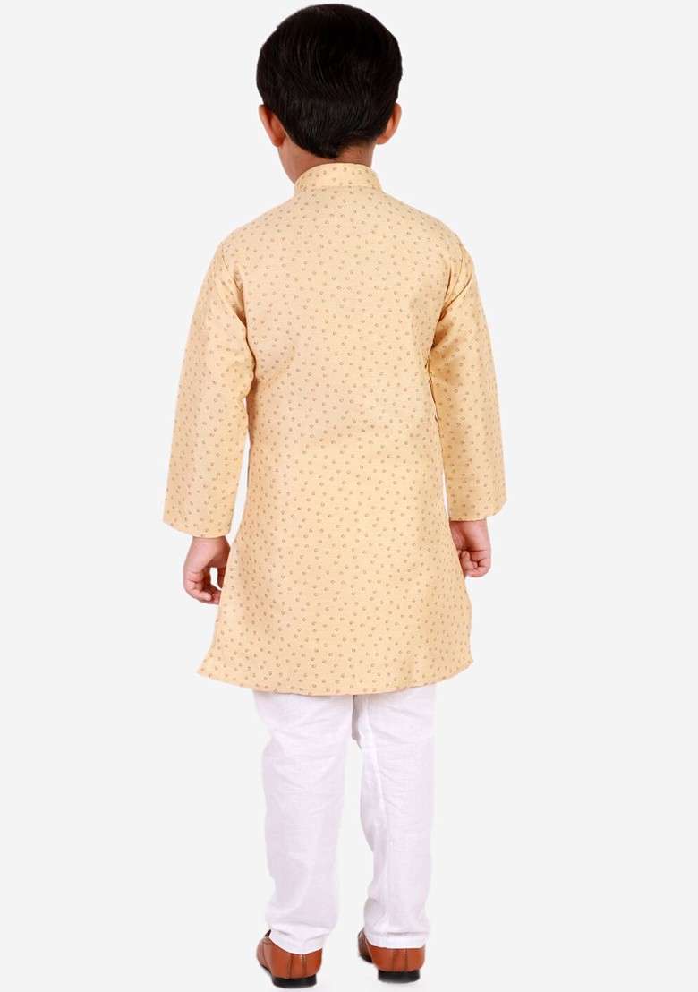 Gold Printed Blended Kurta Set For Boys - Indya