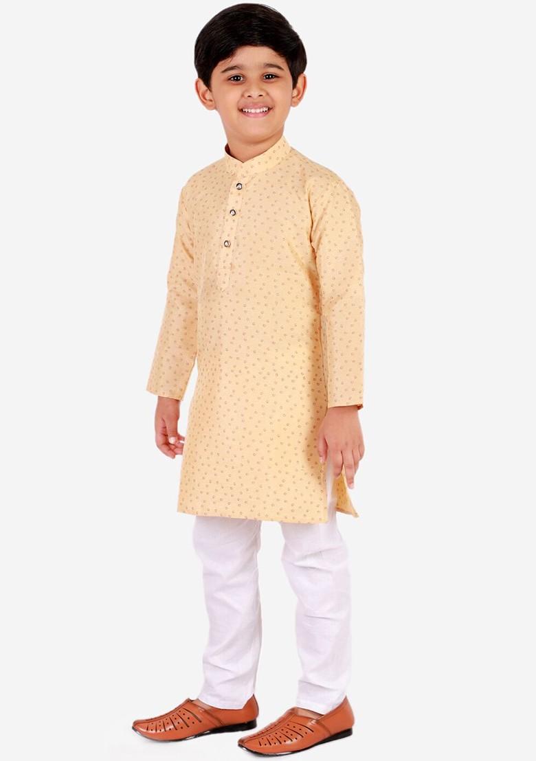 Gold Printed Blended Kurta Set For Boys - Indya