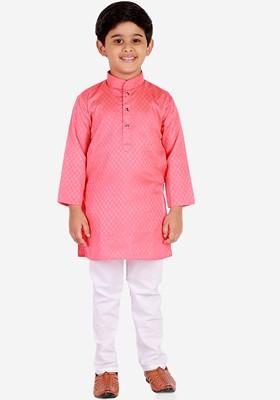 Pink Embroidered Blended Kurta Set For Boys