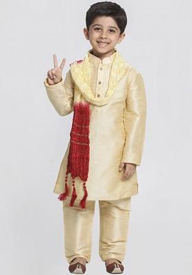 Beige Embroidered Blended Kurta Set For Boys