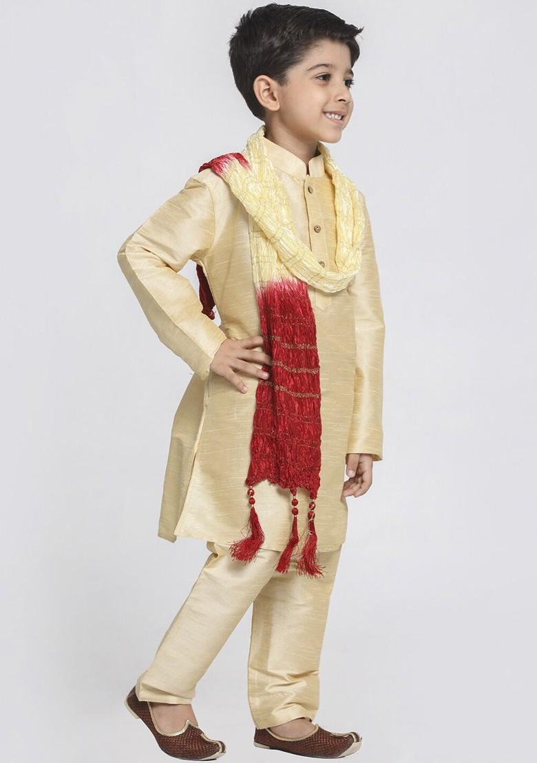 Beige Embroidered Blended Kurta Set For Boys - Indya