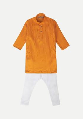 Orange Embroidered Blended Kurta Set For Boys