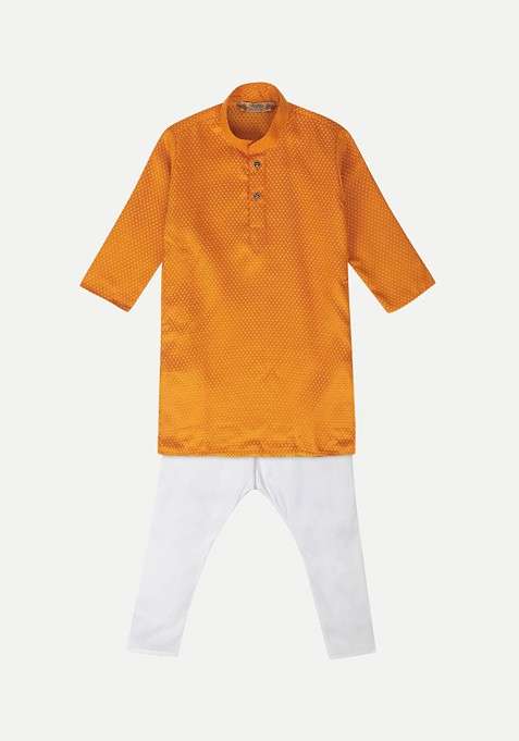Orange Embroidered Blended Kurta Set For Boys