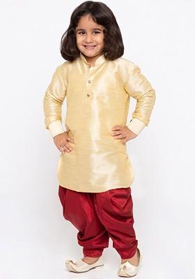 Gold Solid Silk Kurta Dhoti Set For Boys