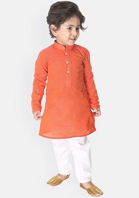 Red Solid Cotton Kurta Set For Boys