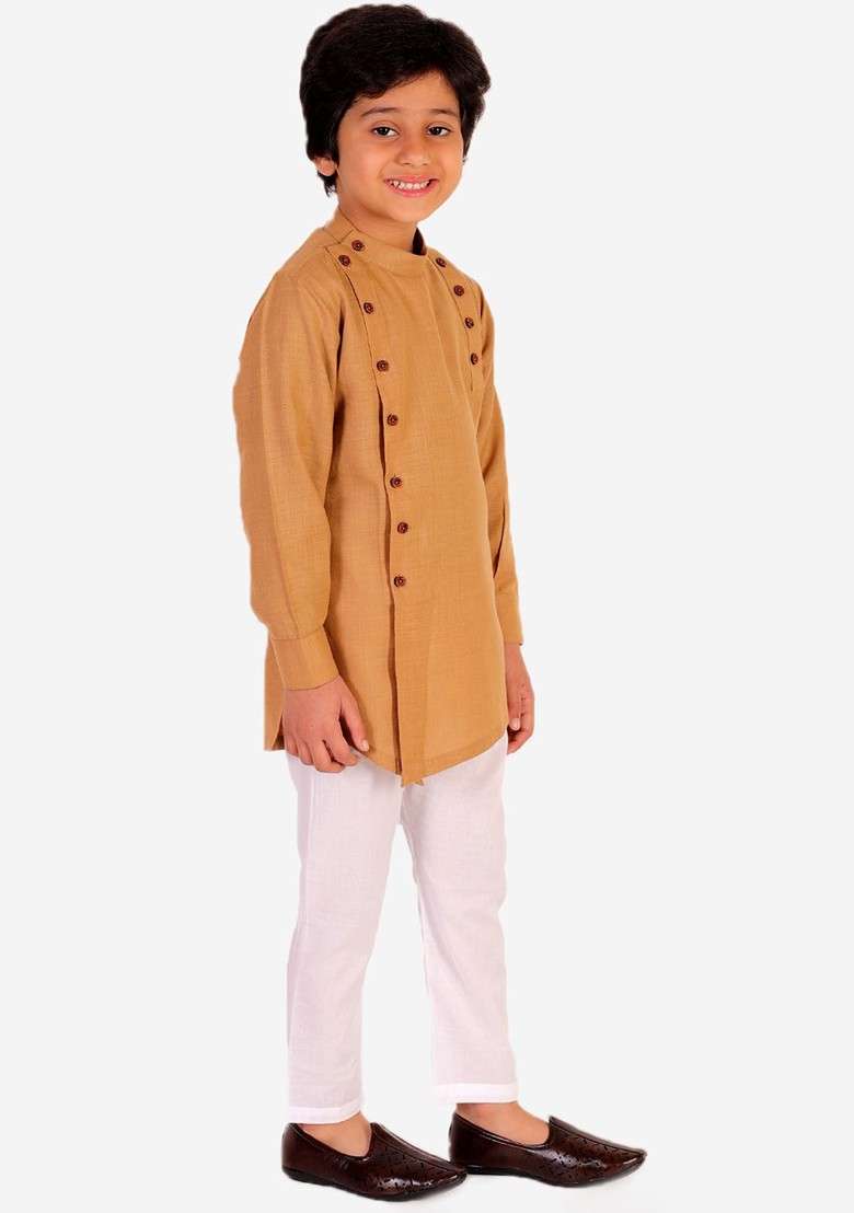Beige Embroidered Cotton Kurta Set For Boys - Indya