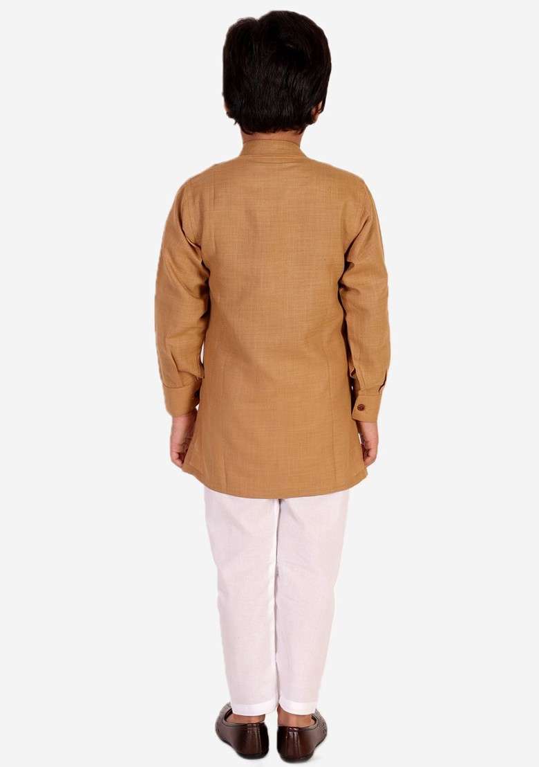 Beige Embroidered Cotton Kurta Set For Boys - Indya