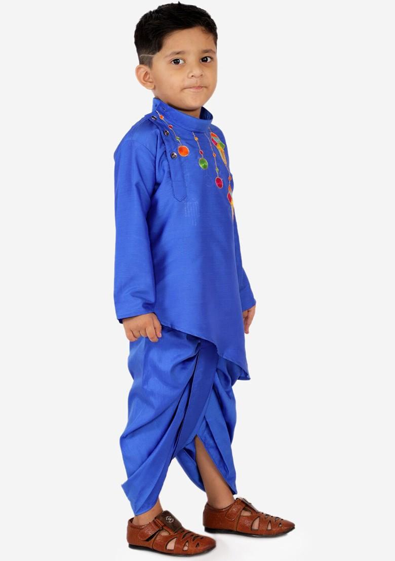 Blue Embroidered Blended Kurta Dhoti Set For Boys - Indya