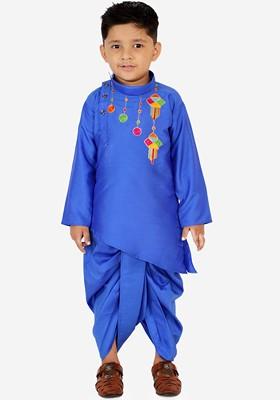 Blue Embroidered Blended Kurta Dhoti Set For Boys