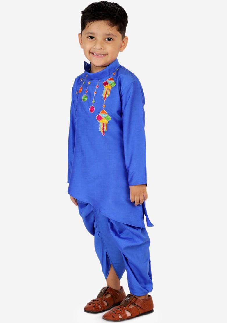 Blue Embroidered Blended Kurta Dhoti Set For Boys - Indya