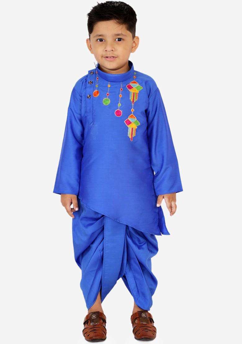 Blue Embroidered Blended Kurta Dhoti Set For Boys - Indya