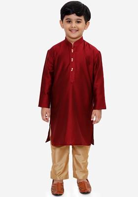 Red Solid Blended Kurta Set For Boys