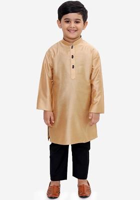 Gold Solid Blended Kurta Set For Boys