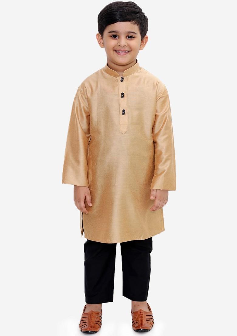 Gold Solid Blended Kurta Set For Boys - Indya