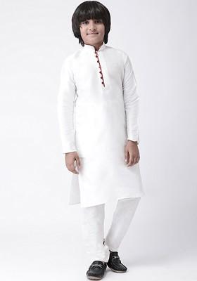 White Solid Blended Kurta Set For Boys