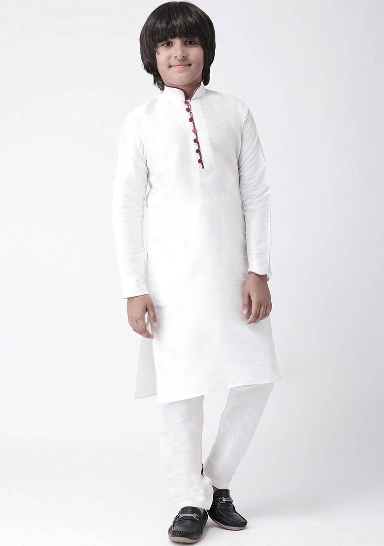 White Solid Blended Kurta Set For Boys - Indya