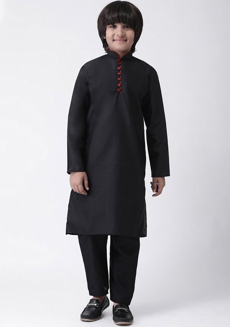 Black Solid Blended Kurta Set For Boys - Indya