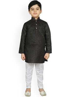 Black Solid Blended Kurta Set For Boys