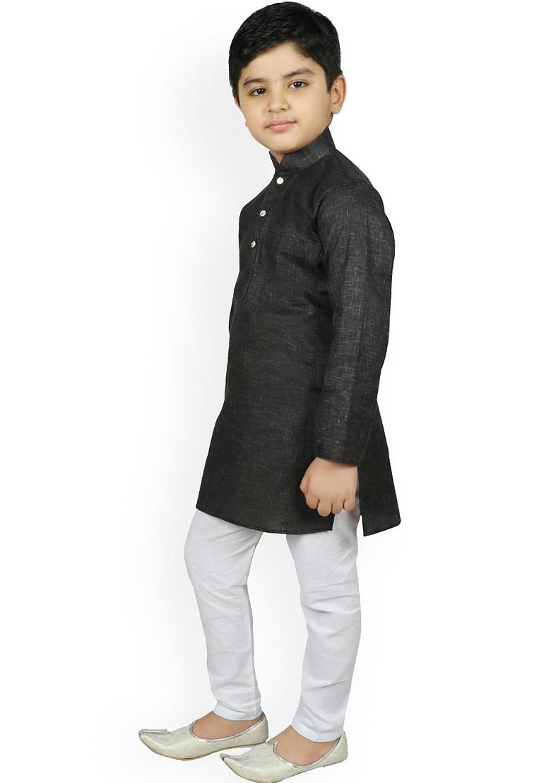 Black Solid Blended Kurta Set For Boys - Indya