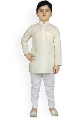 Cream Self Design Blended Kurta Set For Boys