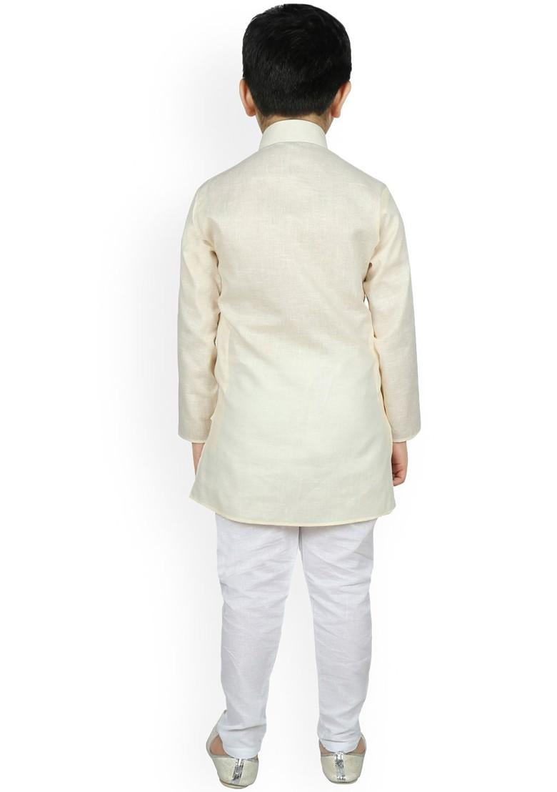 Cream Self Design Blended Kurta Set For Boys - Indya