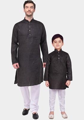 Black Solid Blended Kurta Set For Boys