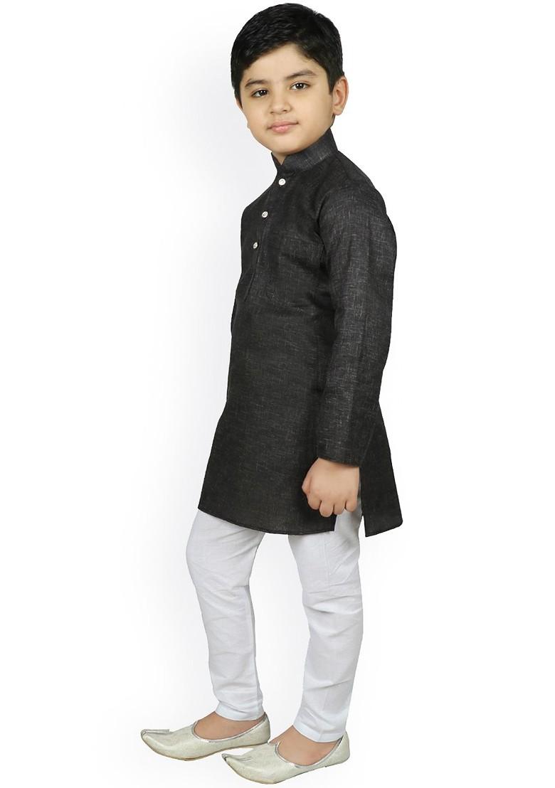 Black Self Design Blended Kurta Set For Boys - Indya