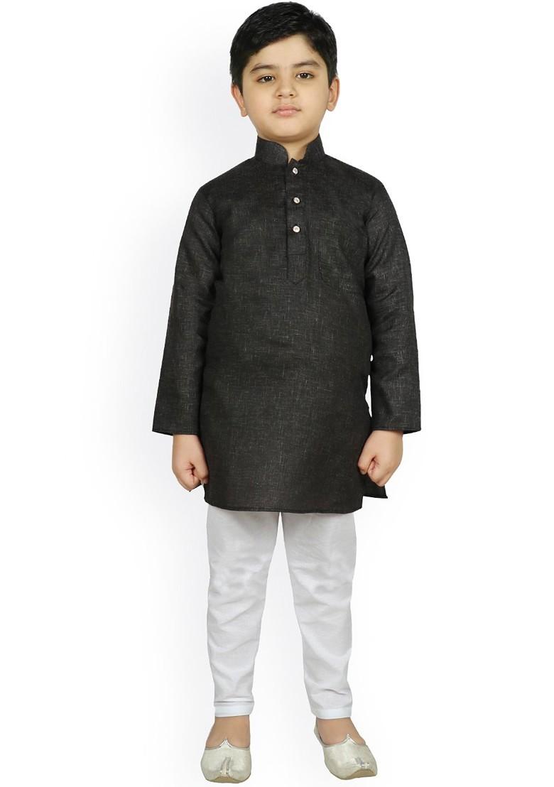 Black Self Design Blended Kurta Set For Boys - Indya