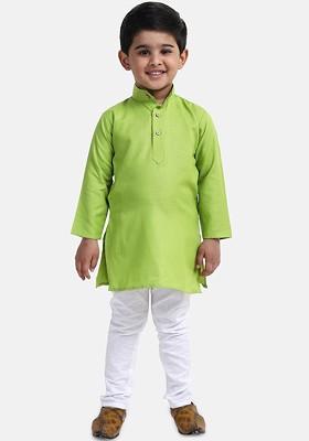 Green Solid Blended Kurta Set For Boys